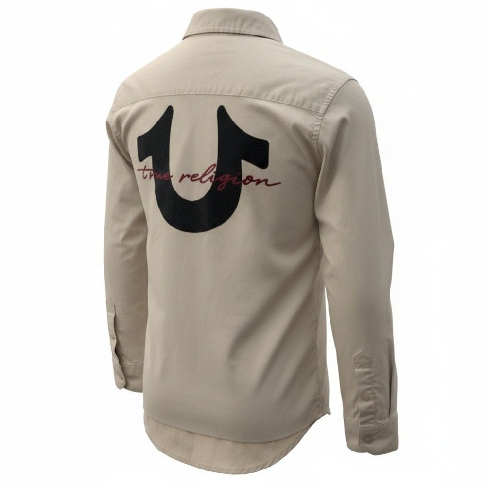 True Religion Button Down Shirt Kids Size 8 Tan Khaki Horseshoe Graphic Logo‎